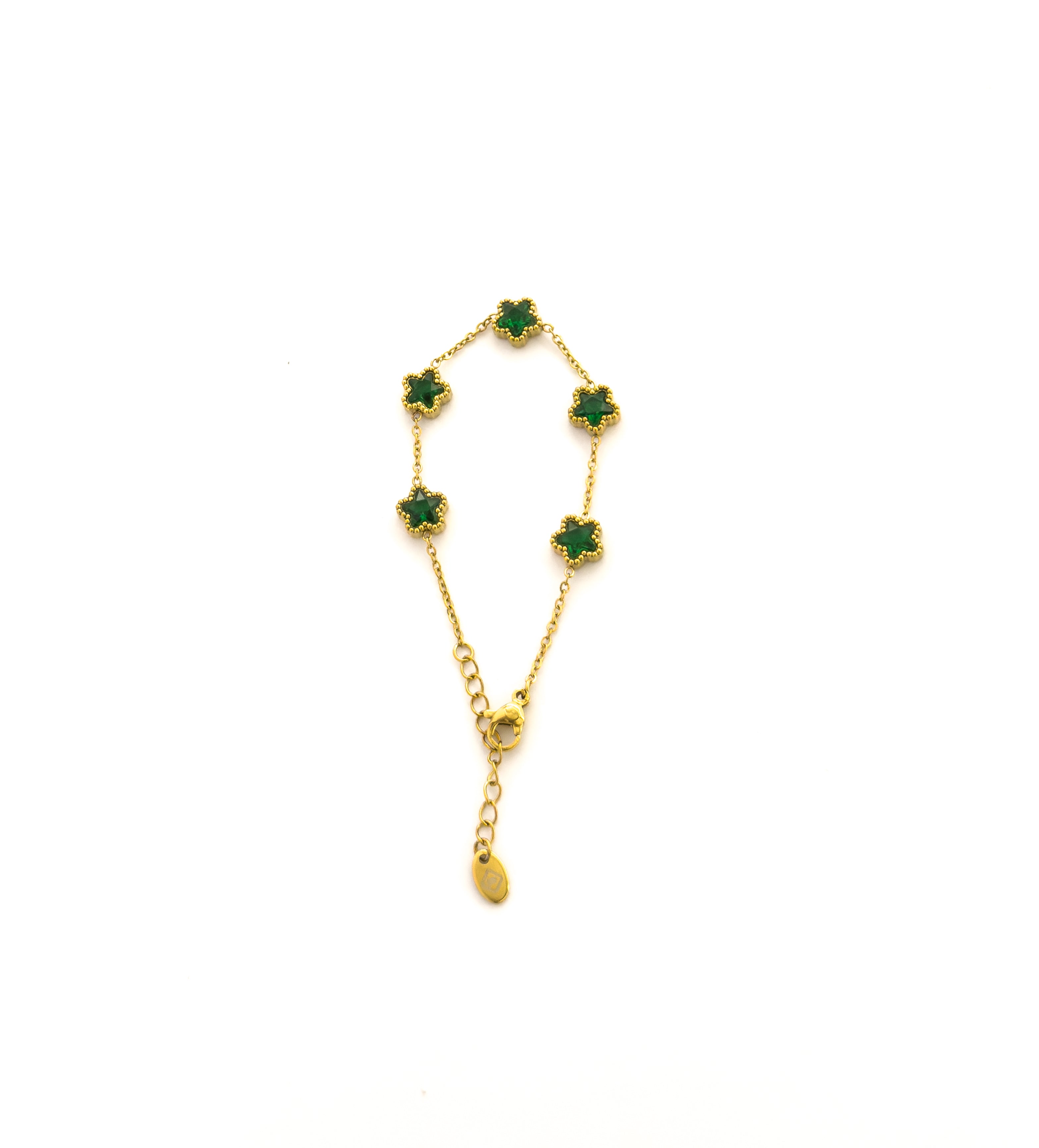 Gold bracelet with green clover gemstones
